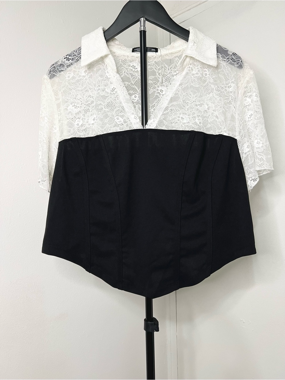 Women's Black and White Lace Panel Corset Top